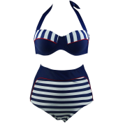 Cocoship Retro Stripe Black Polka Dot High Waist Bikini Swimsuit