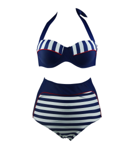 Cocoship Retro Stripe Black Polka Dot High Waist Bikini Swimsuit