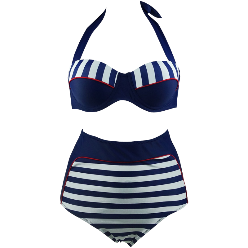 Cocoship Retro Stripe Black Polka Dot High Waist Bikini Swimsuit
