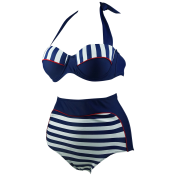 Cocoship Retro Stripe Black Polka Dot High Waist Bikini Swimsuit