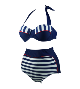 Cocoship Retro Stripe Black Polka Dot High Waist Bikini Swimsuit