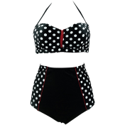Cocoship Retro Stripe Black Polka Dot High Waist Bikini Swimsuit