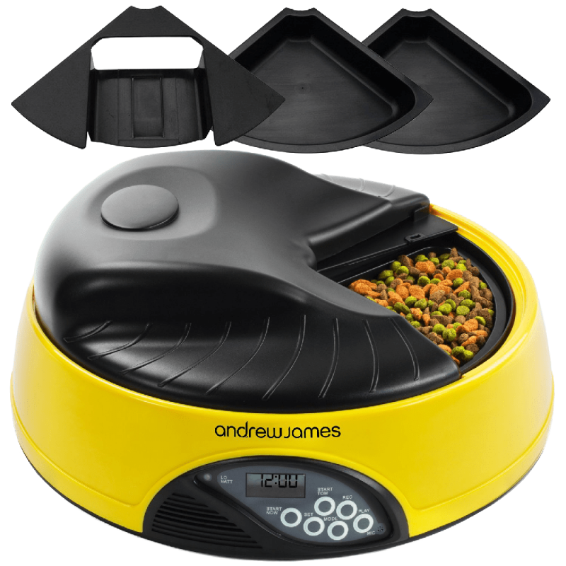 Andrew James 4 Day-Meal Automatic Pet Feeder-Bowl with voice recorder Includes 2 Volume Reducers+ 1 Adapter Tray 